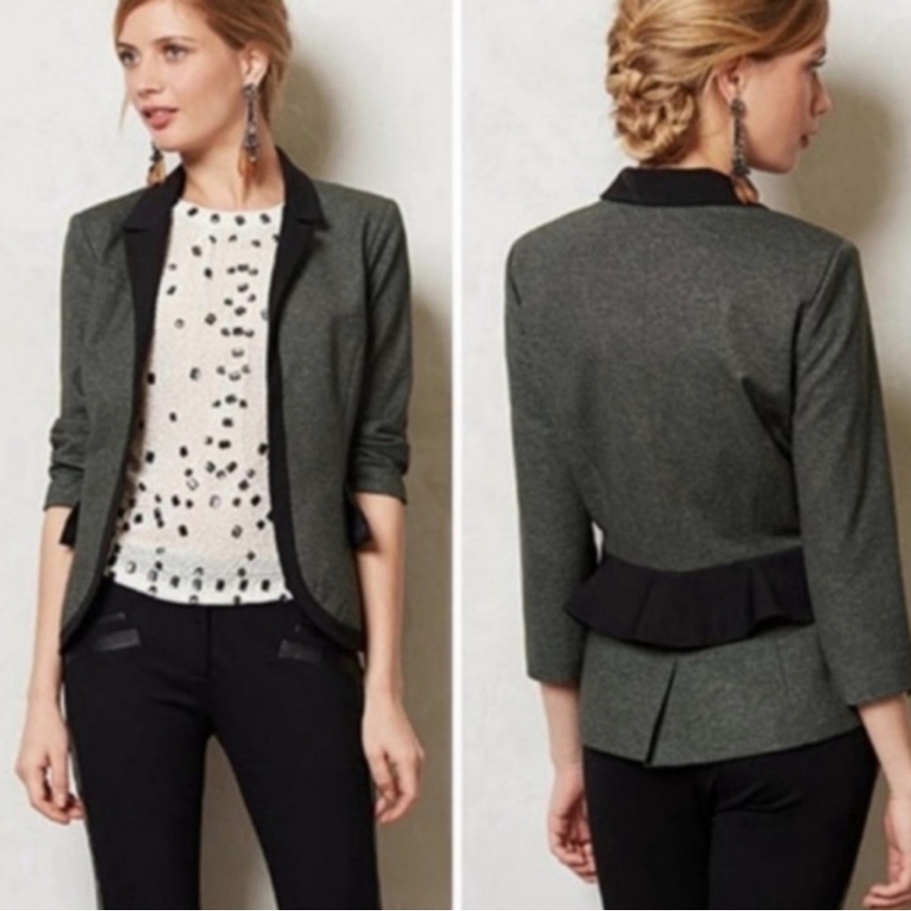 Anthropology Cartonnier Grey and Black Peplum Blazer 3/4th sleeve